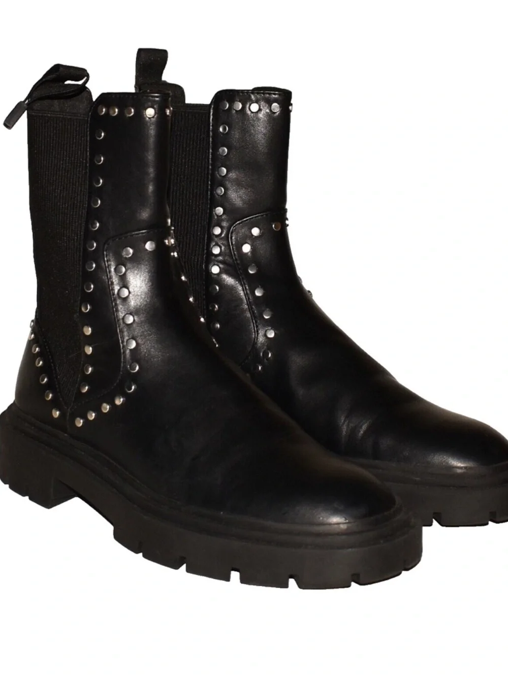 Zara Black EU39/US 8-8.5 Studded Chelsea Vegan Leather Boot Comfort Lug Sole